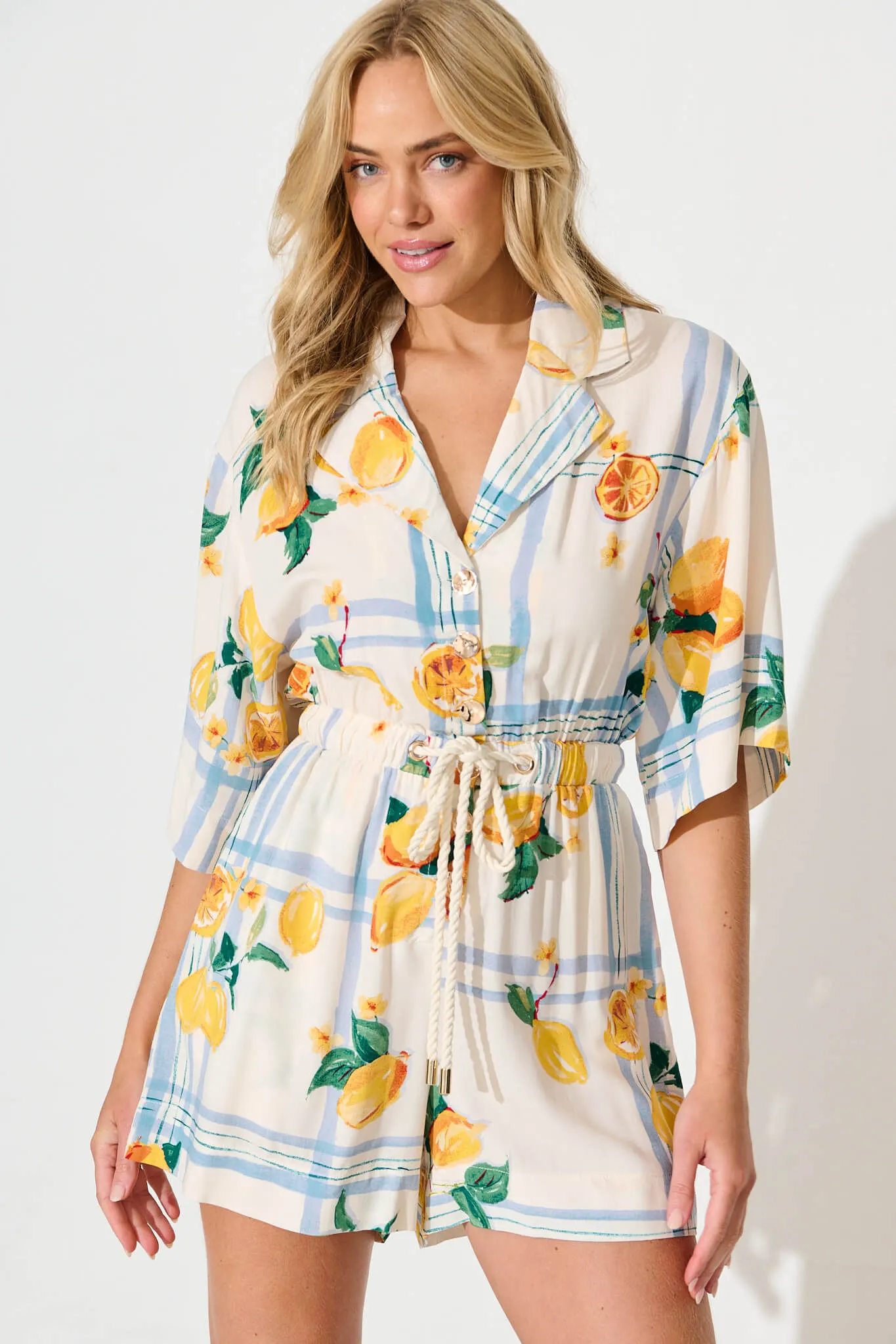 Maui Playsuit in Ivory with Lemon and Blue Print sold by St Frock product image thumbnail 2
