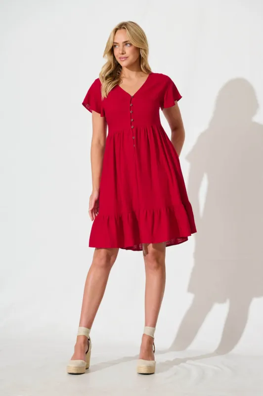 Similan Smock Dress in Red Linen Blend sold by St Frock