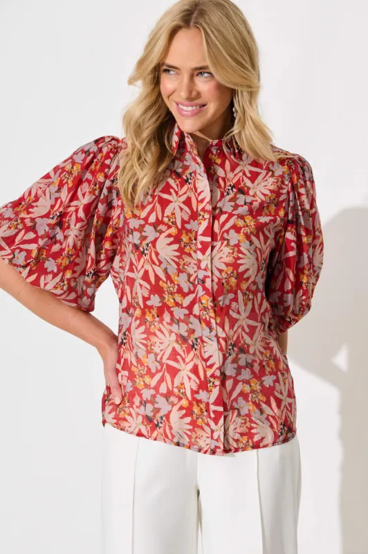 Aeryn Shirt in Rust Multi Leaf Print sold by St Frock