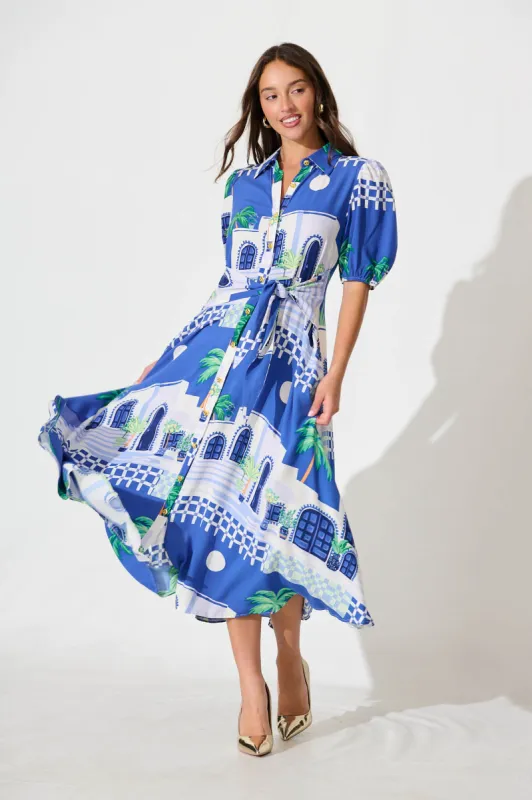 Bella Maxi Shirt Dress in Blue with White Print sold by St Frock