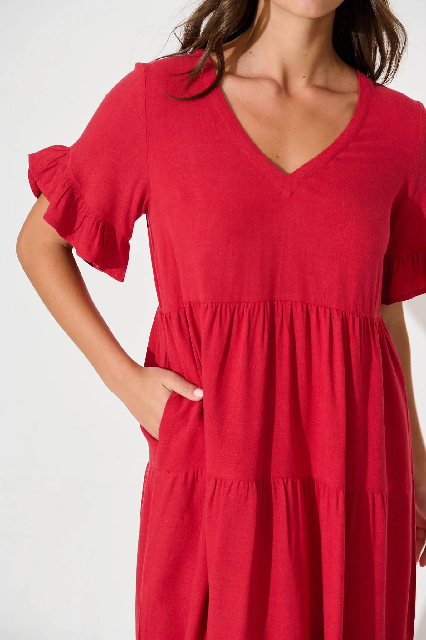Kristen Midi Smock Dress In Red Linen Blend sold by St Frock product image thumbnail 5