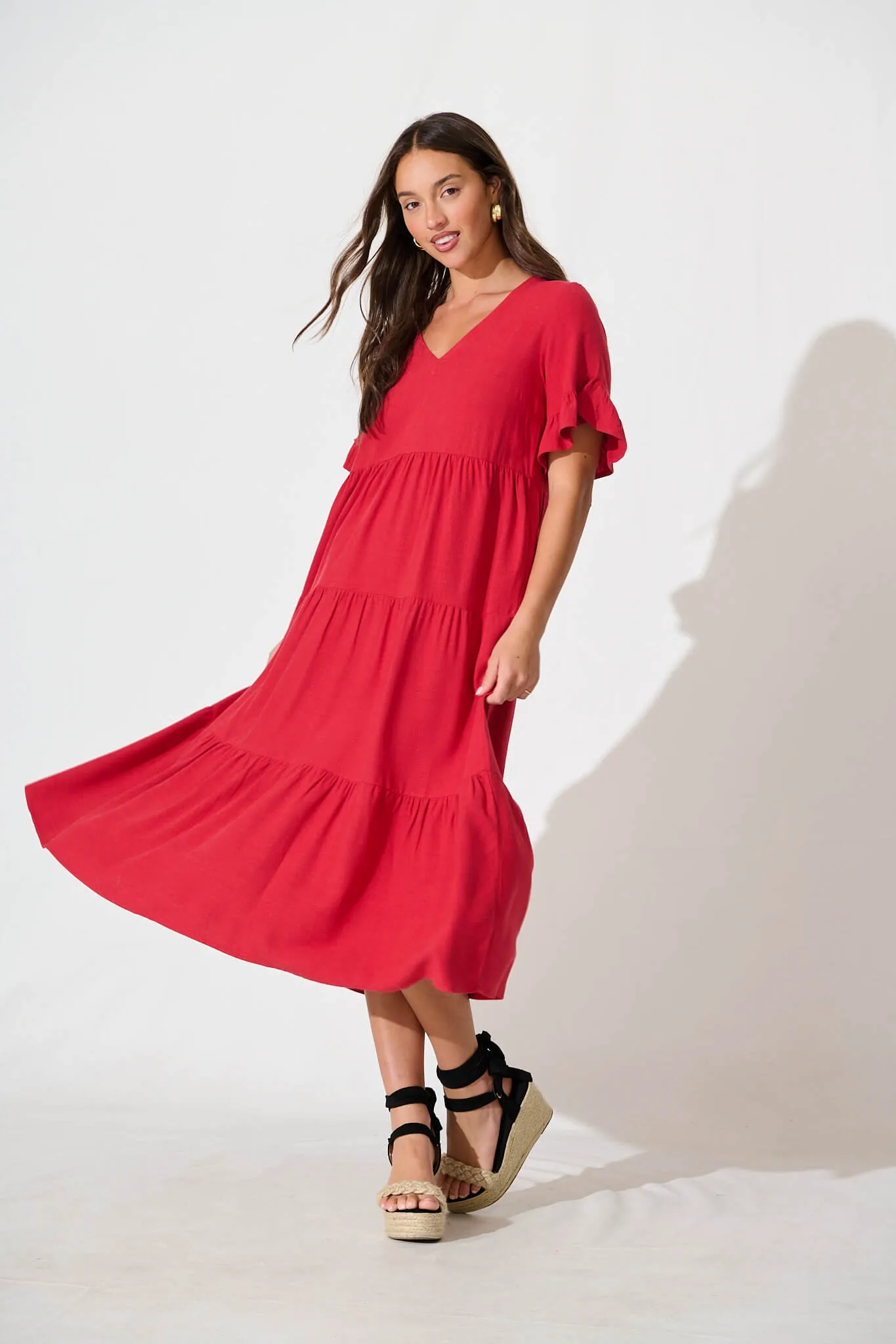 Kristen Midi Smock Dress In Red Linen Blend sold by St Frock