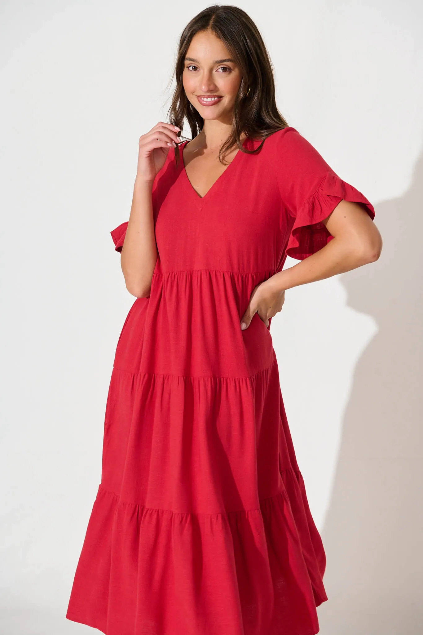 Kristen Midi Smock Dress In Red Linen Blend sold by St Frock product image thumbnail 2