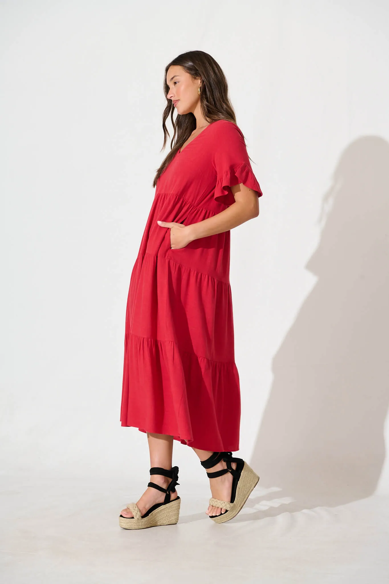 Kristen Midi Smock Dress In Red Linen Blend sold by St Frock product image thumbnail 3