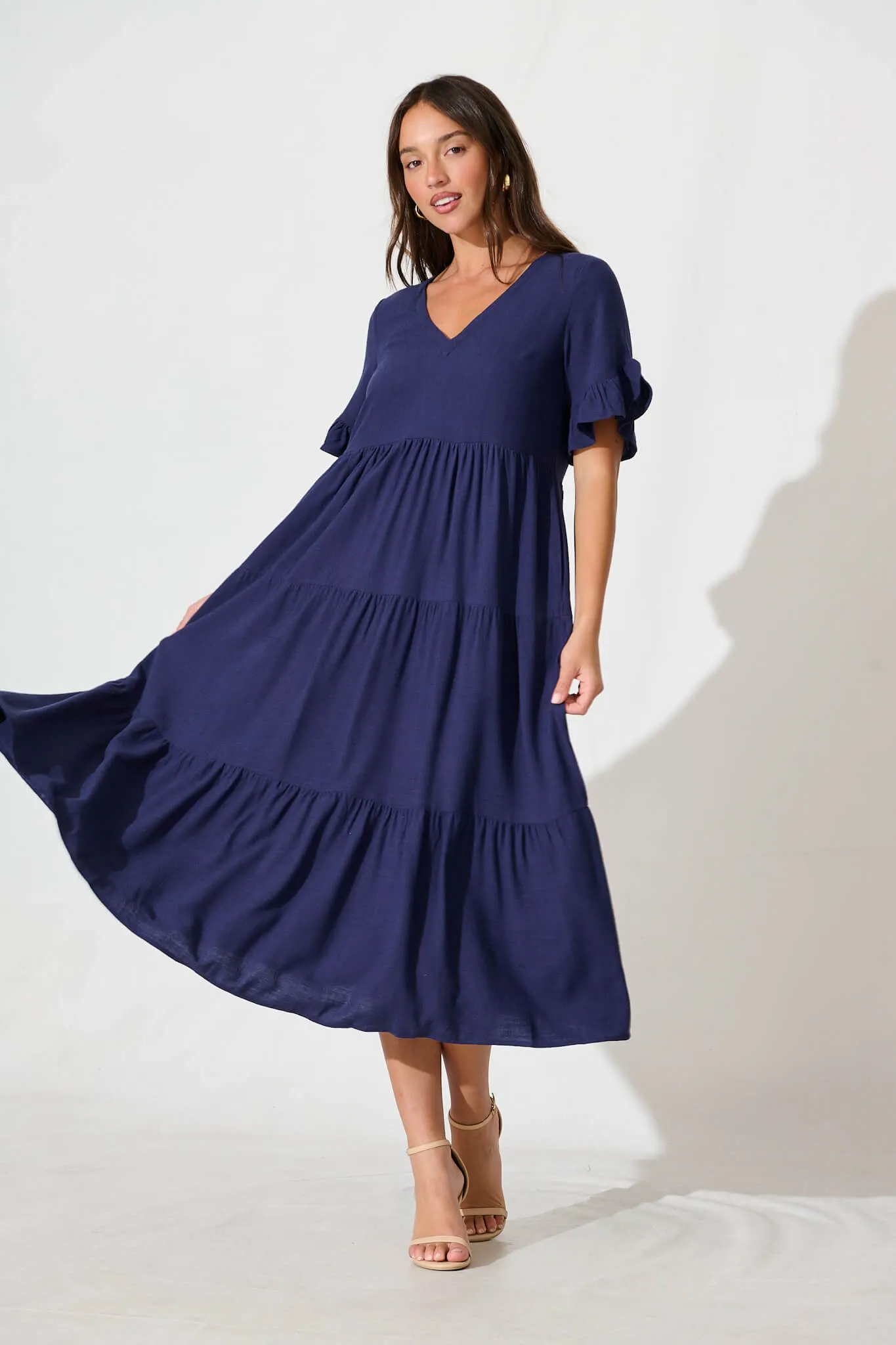 Kristen Midi Smock Dress In Navy Linen Blend sold by St Frock
