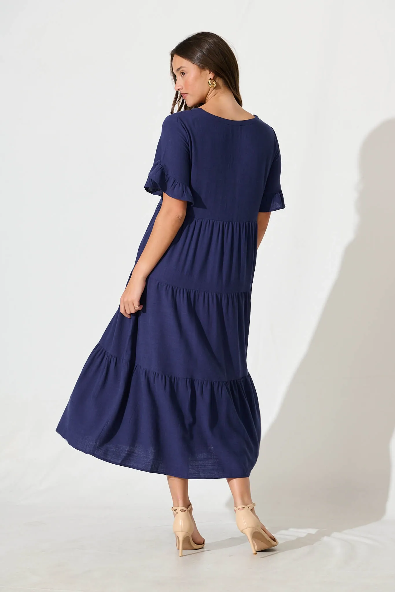 Kristen Midi Smock Dress In Navy Linen Blend sold by St Frock product image thumbnail 4