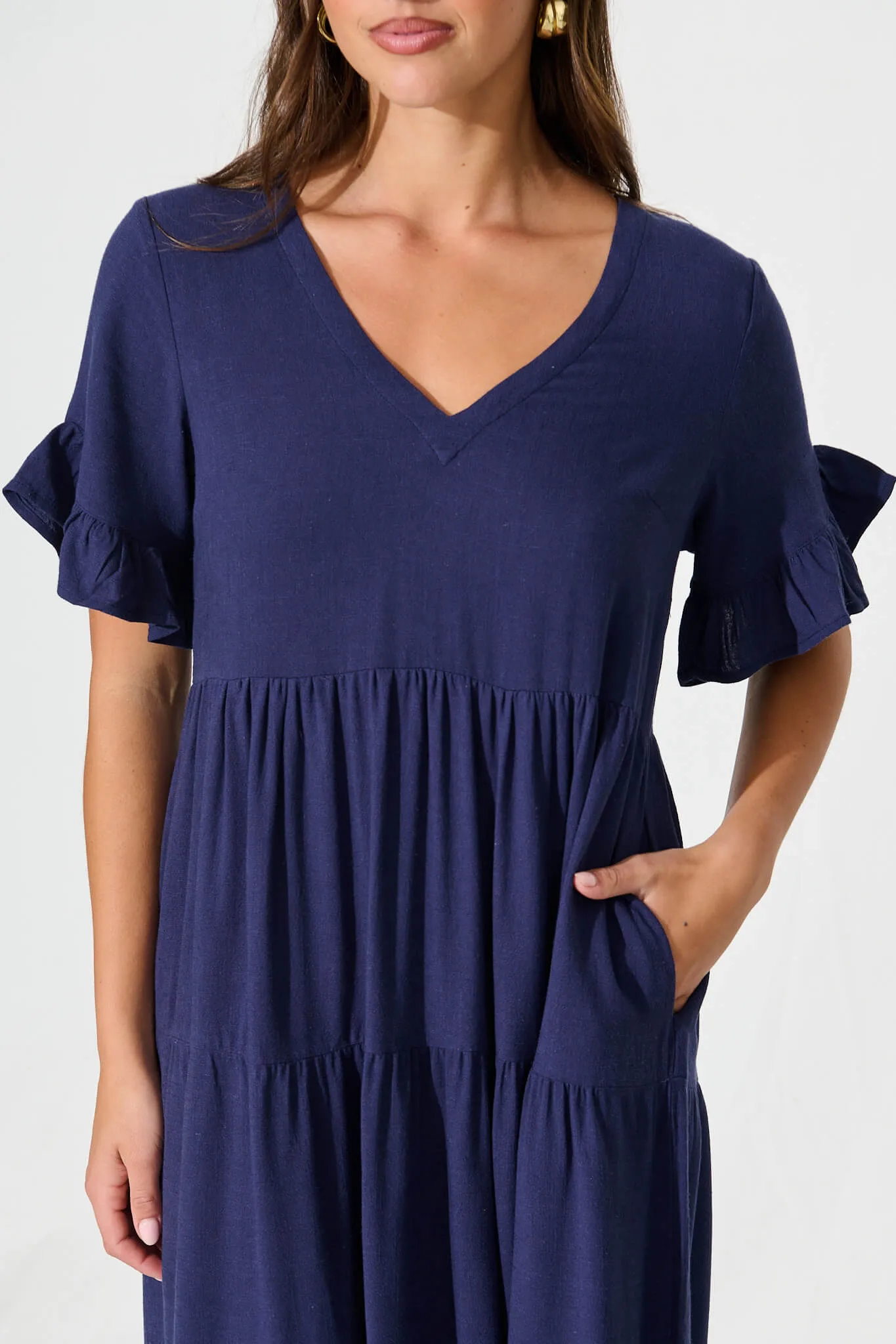 Kristen Midi Smock Dress In Navy Linen Blend sold by St Frock product image thumbnail 5