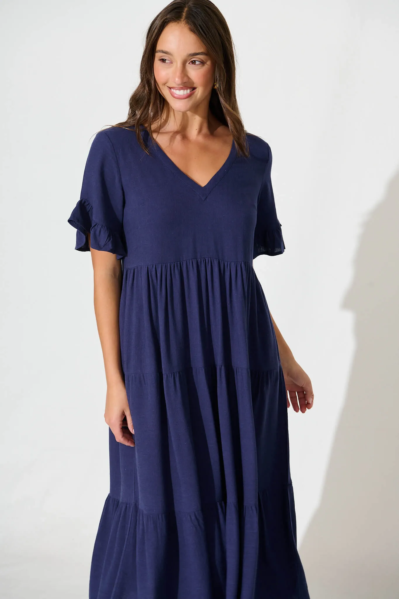 Kristen Midi Smock Dress In Navy Linen Blend sold by St Frock product image thumbnail 2