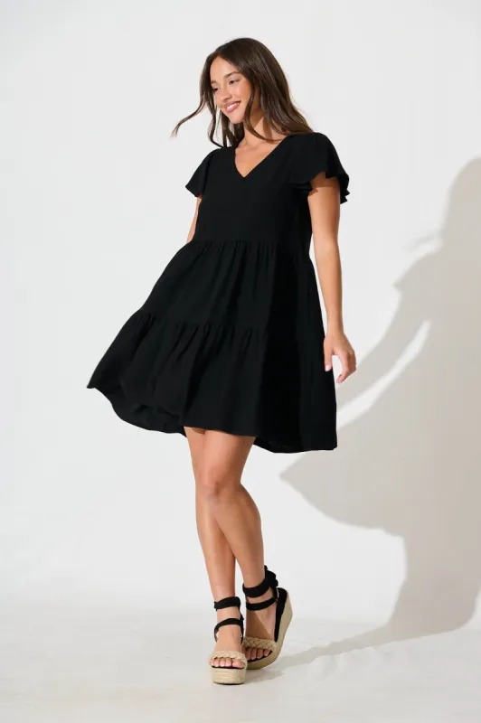 Tahiti Smock Dress In Black Linen Blend sold by St Frock