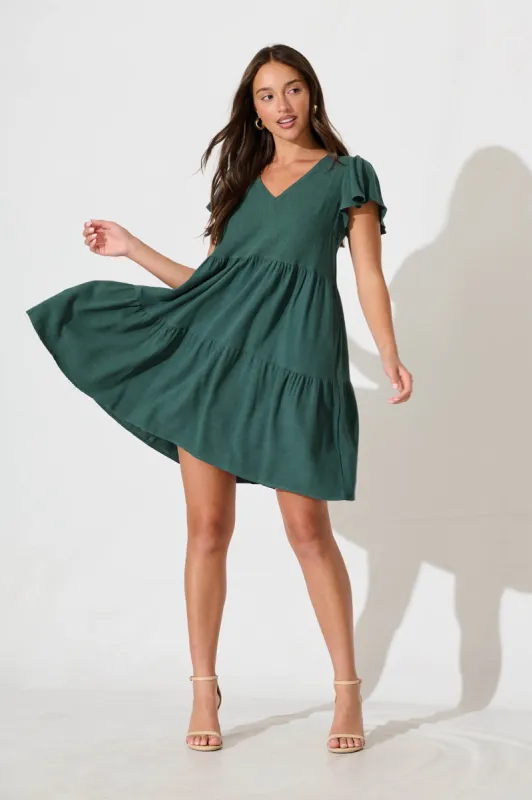 Tahiti Smock Dress In Green Linen Blend sold by St Frock