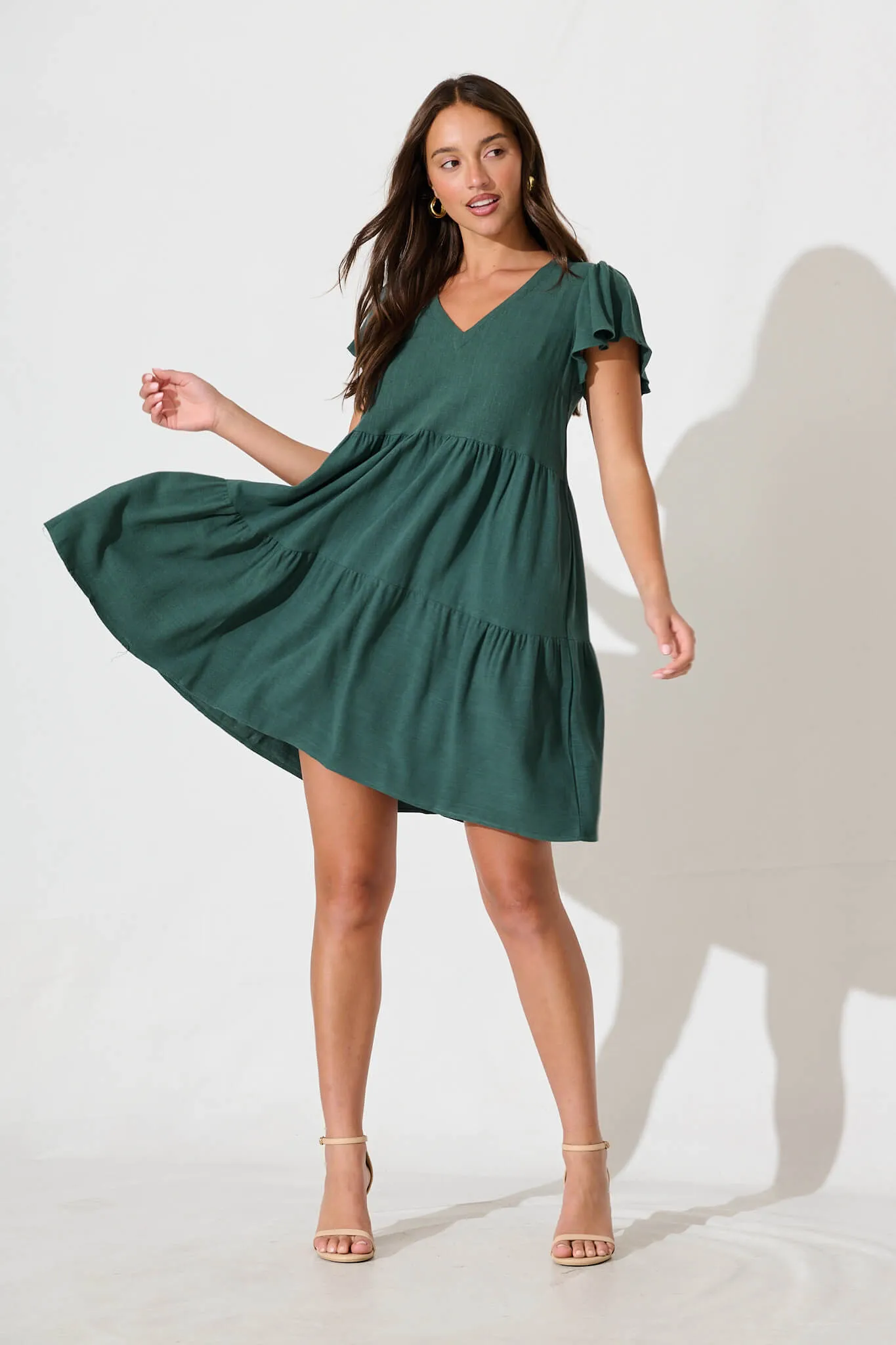 Tahiti Smock Dress In Green Linen Blend sold by St Frock