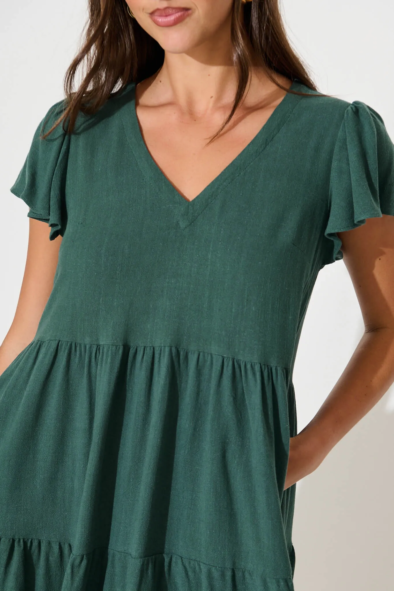 Tahiti Smock Dress In Green Linen Blend sold by St Frock product image thumbnail 5