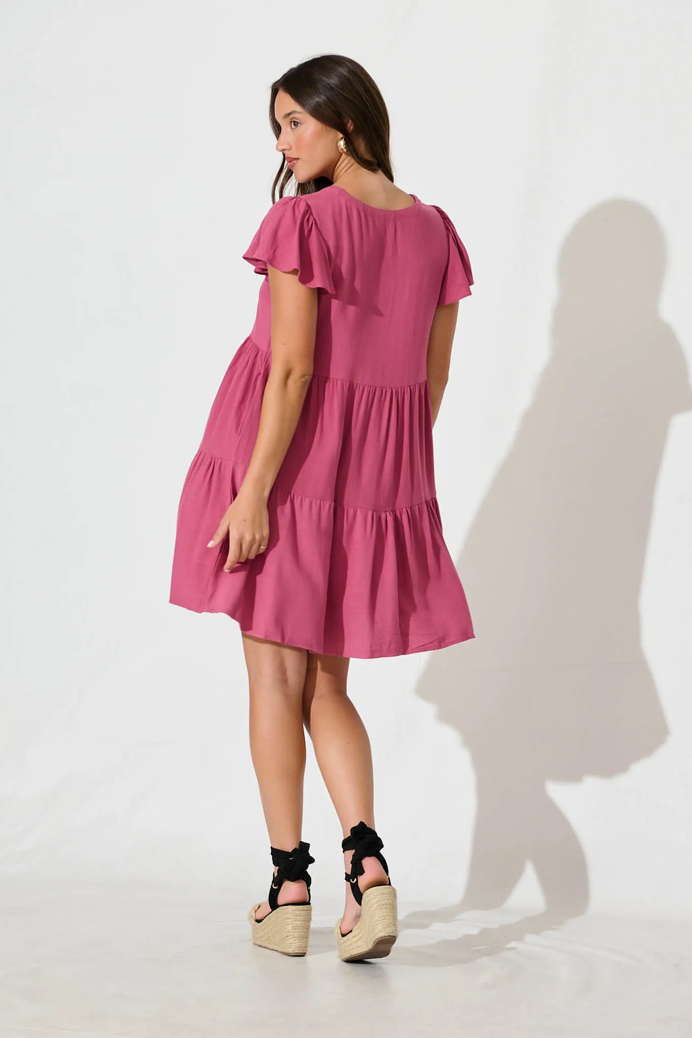 Tahiti Smock Dress In Deep Rose Linen Blend sold by St Frock product image thumbnail 4