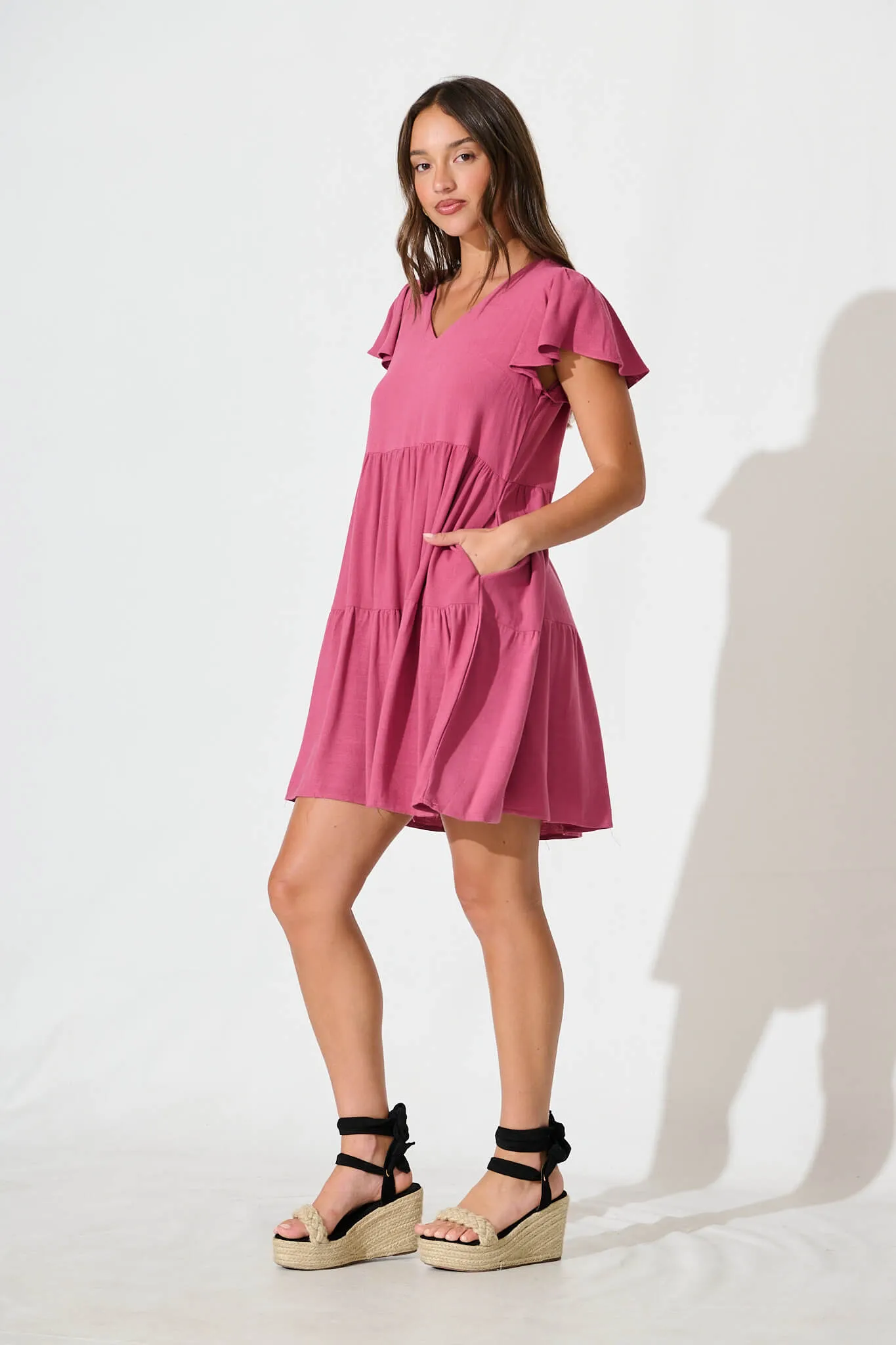 Tahiti Smock Dress In Deep Rose Linen Blend sold by St Frock product image thumbnail 3