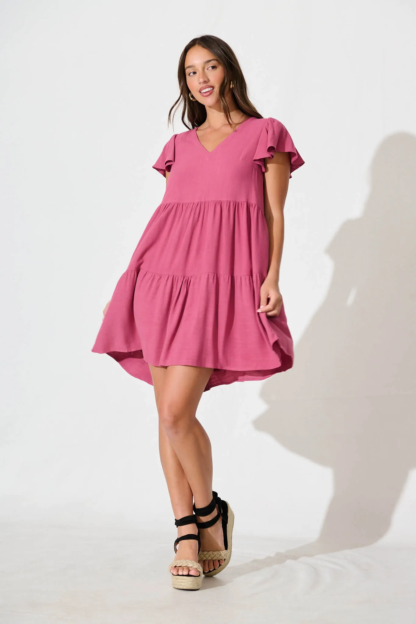 Tahiti Smock Dress In Deep Rose Linen Blend sold by St Frock