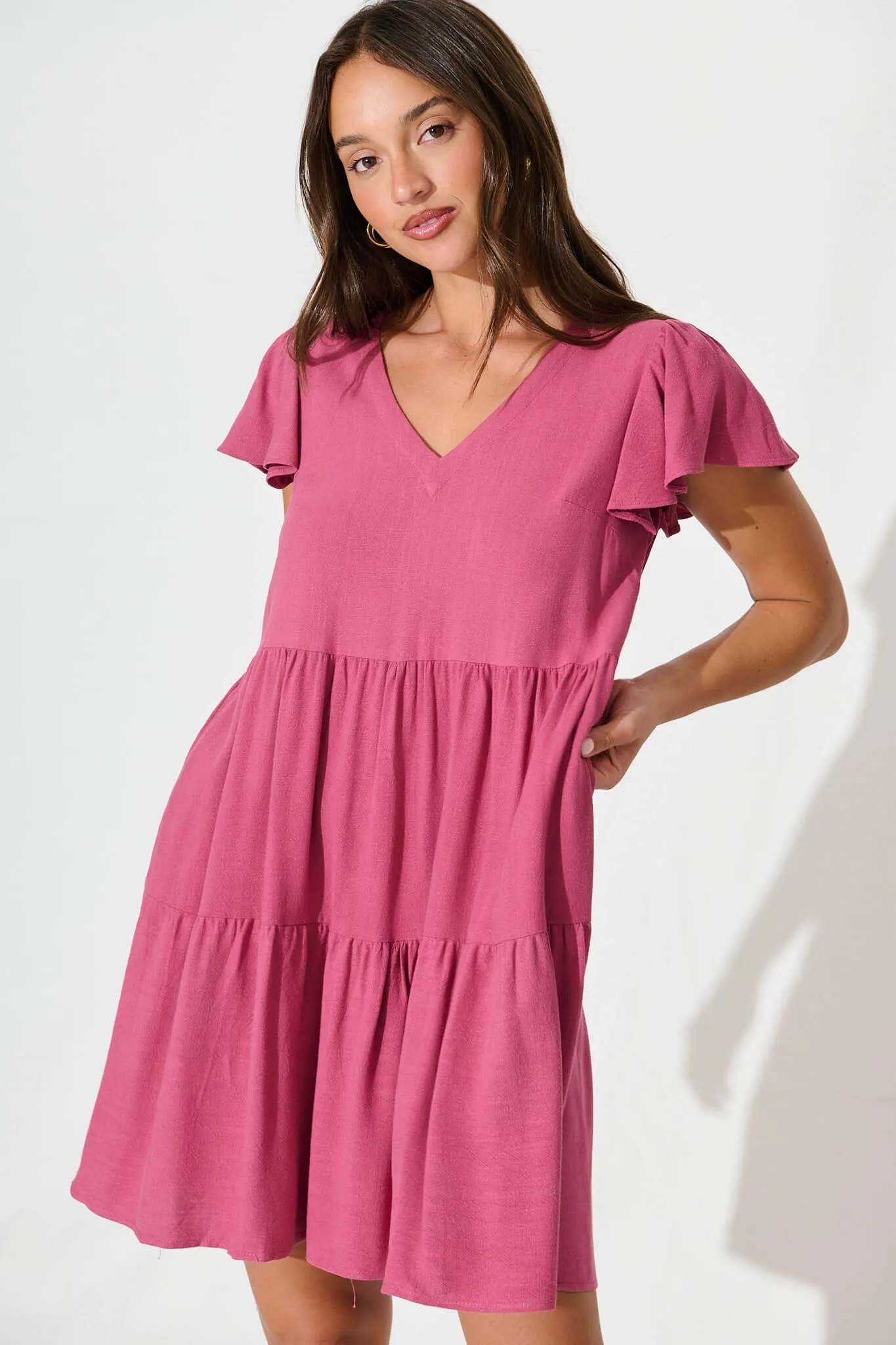 Tahiti Smock Dress In Deep Rose Linen Blend sold by St Frock product image thumbnail 2