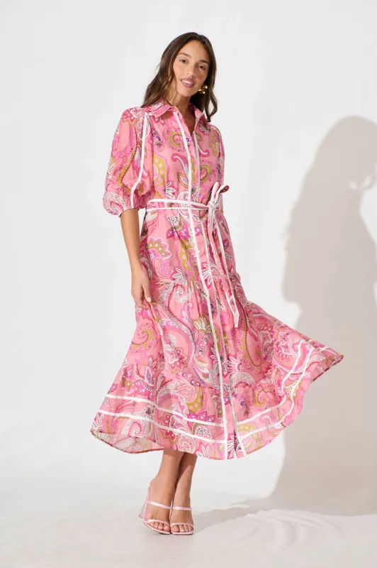 Dion Maxi Shirt Dress In Multi Pink Print sold by St Frock