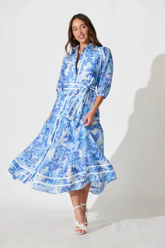 Dion Maxi Shirt Dress In Multi Navy Print sold by St Frock