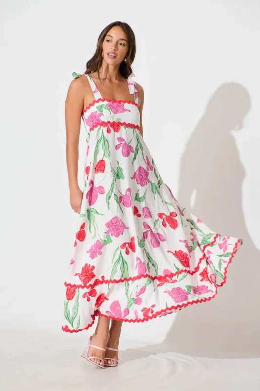 Somerset Maxi Dress in White with Red and Purple Flower sold by St Frock