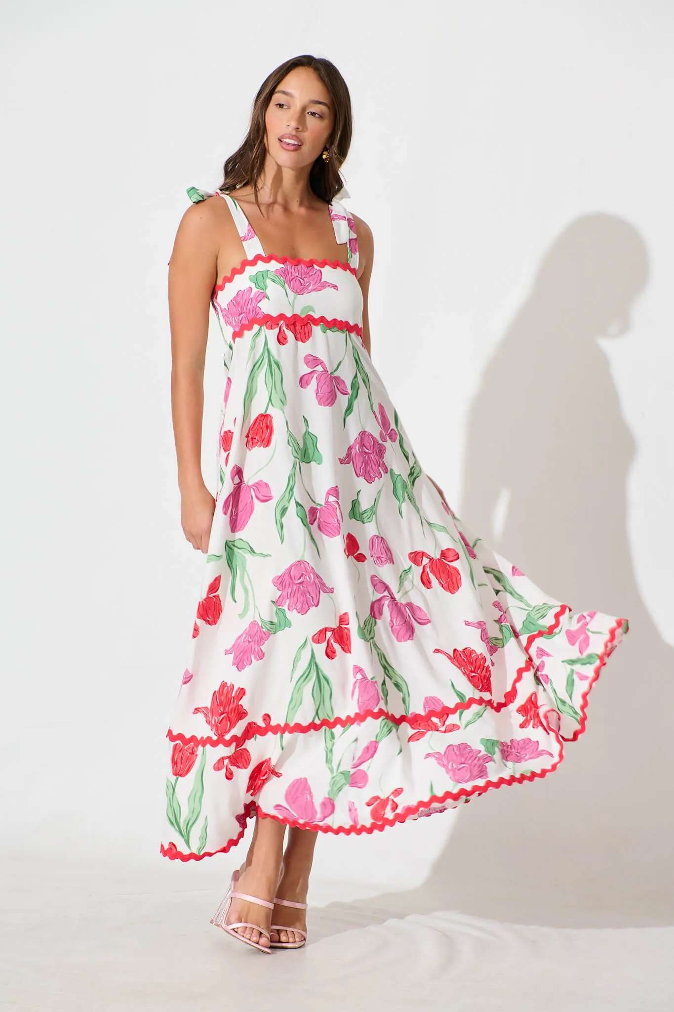 Somerset Maxi Dress in White with Red and Purple Flower sold by St Frock