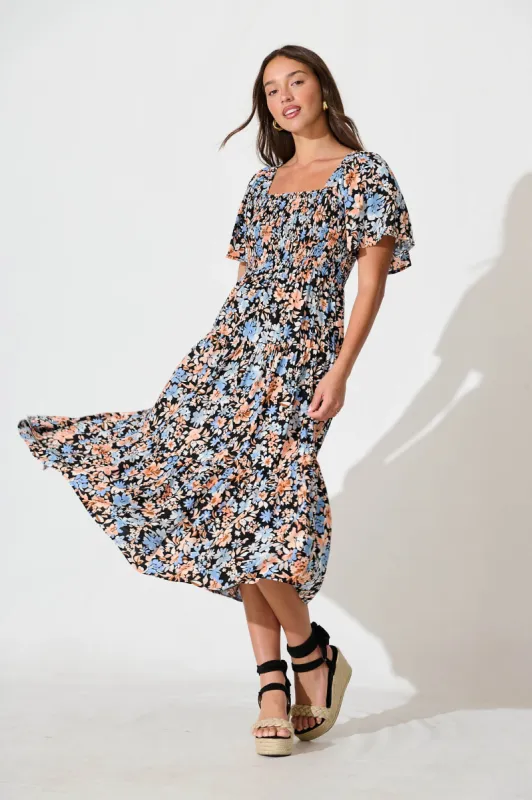Akino Midi Dress in Black with Multi Floral sold by St Frock