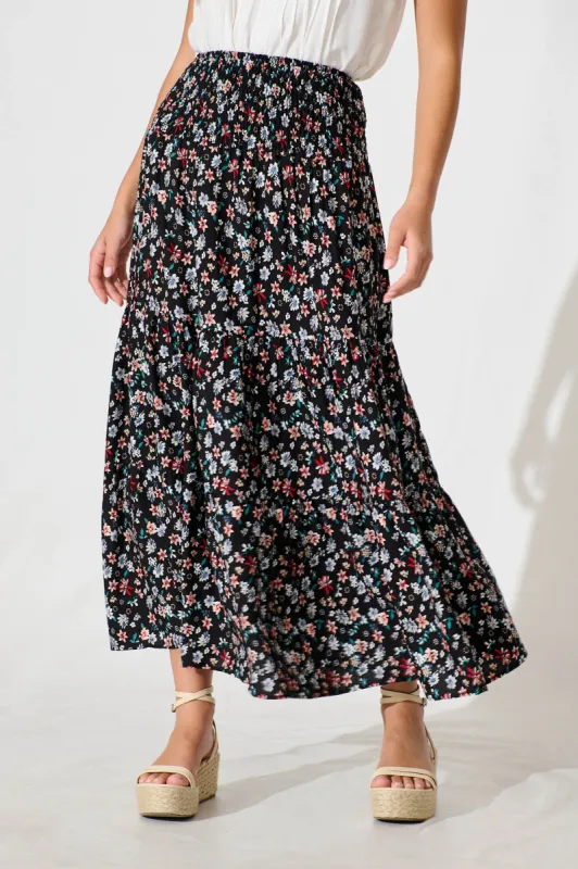 Macarena Maxi Skirt in Black Multi Floral sold by St Frock