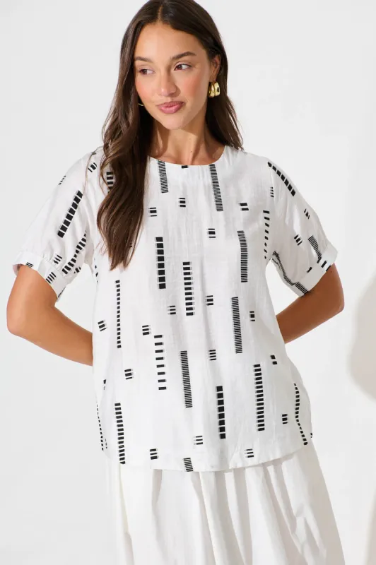 Larsson Top In White with Black Print Cotton Blend sold by St Frock
