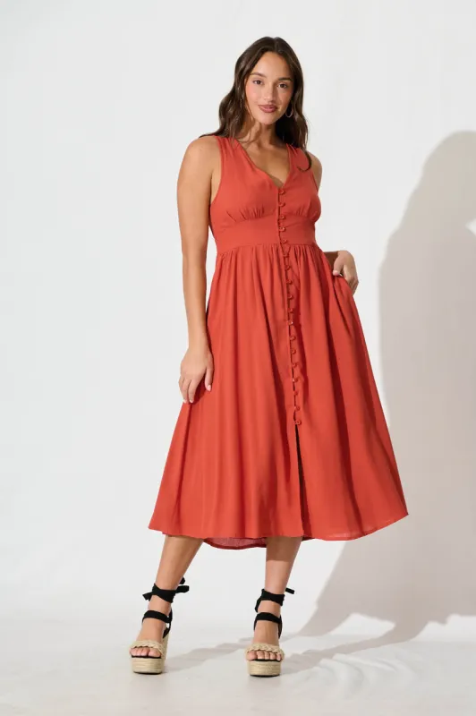 Ryland Midi Dress in Rust Linen Cotton sold by St Frock