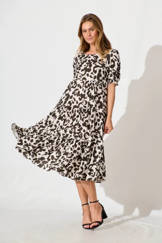 Nevi Tiered Midi Dress In Brown Leopard Print sold by St Frock