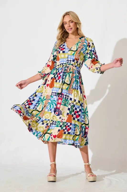 Lanai Midi Dress in Multi Print sold by St Frock