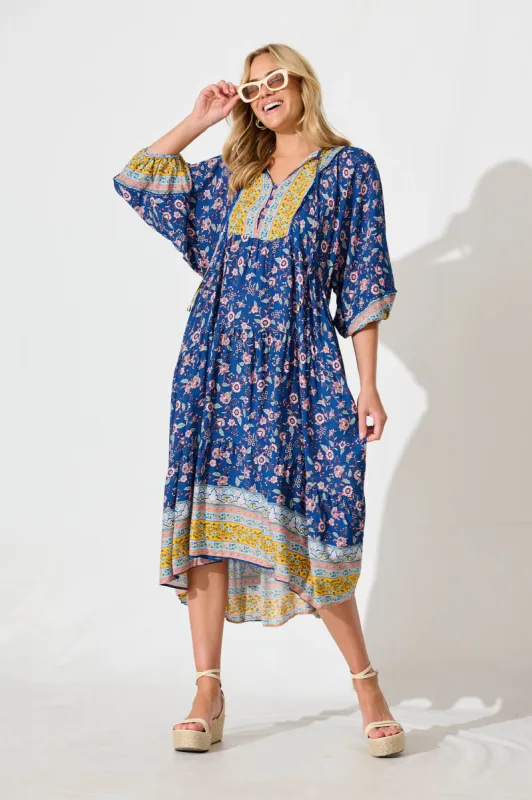 Barrymore Midi Smock Dress in Cobalt with Multi Print sold by St Frock