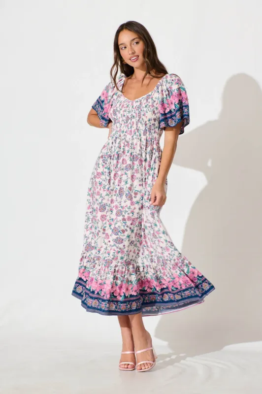 Carmella Maxi Dress in Pink and Blue Floral sold by St Frock