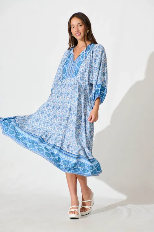 Barrymore Midi Smock Dress in Blue and White Print sold by St Frock