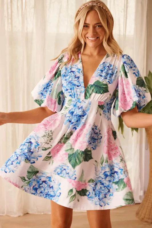 Daydream Dress In White With Pink And Blue Floral sold by St Frock