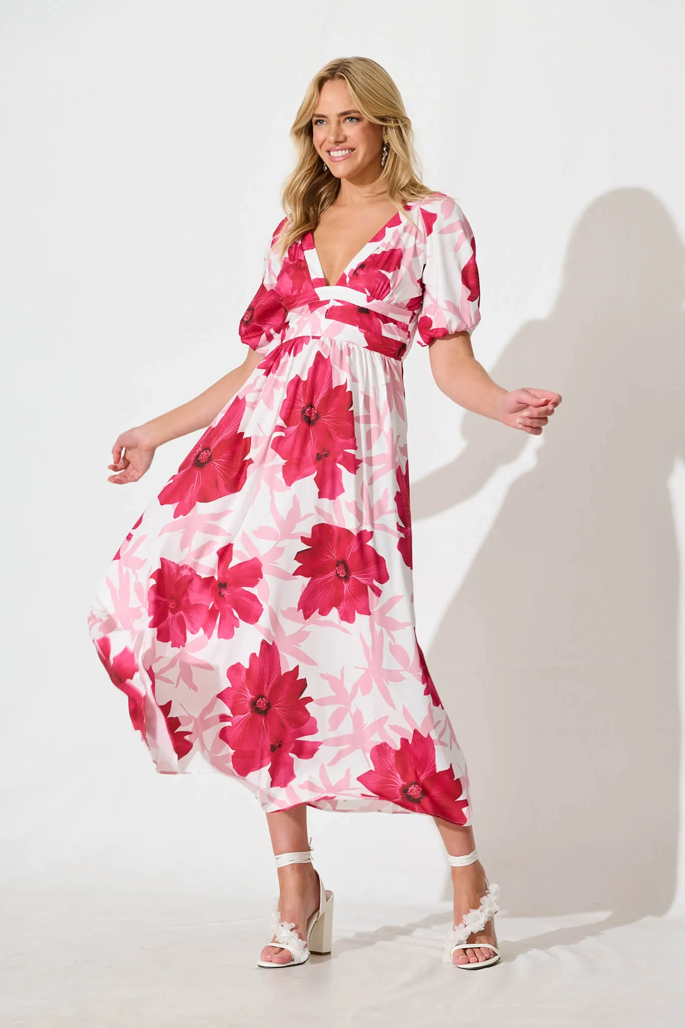 Mel Maxi Dress in White With Pink Flower Print sold by St Frock product image thumbnail 2