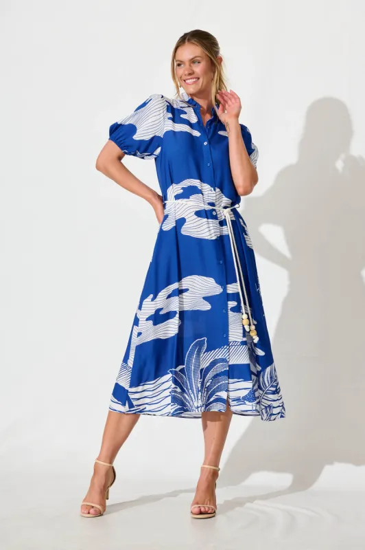 Dearest Midi Shirt Dress in Blue with White Print sold by St Frock