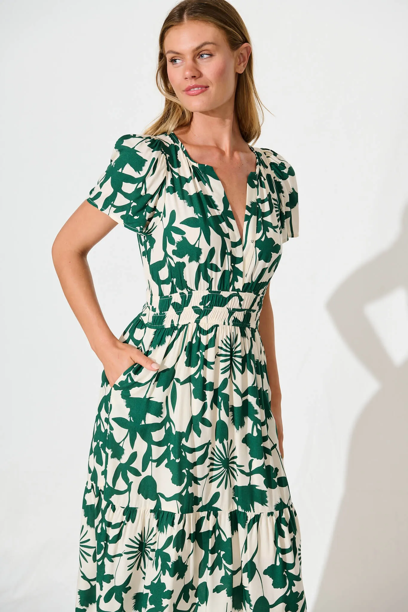 Pinarello Midi Dress in Cream with Emerald Print sold by St Frock product image thumbnail 2