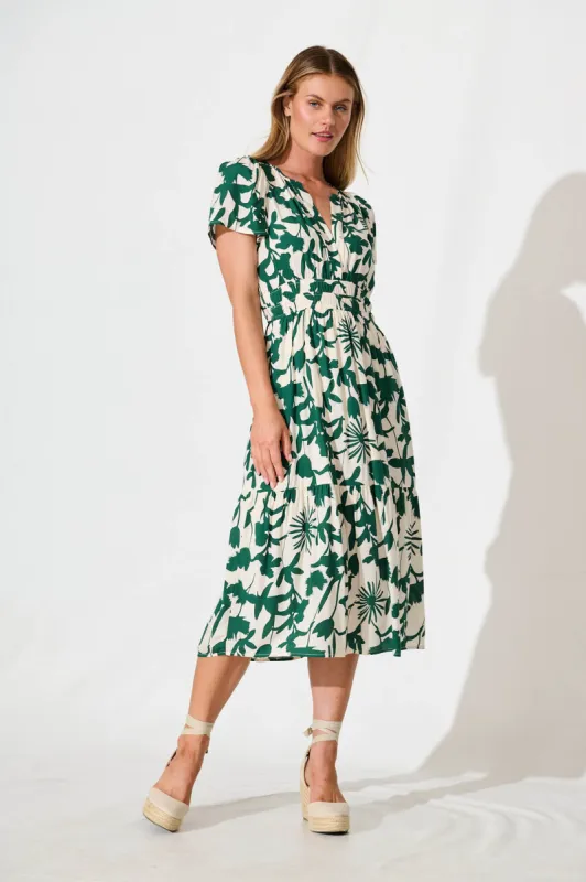 Pinarello Midi Dress in Cream with Emerald Print sold by St Frock
