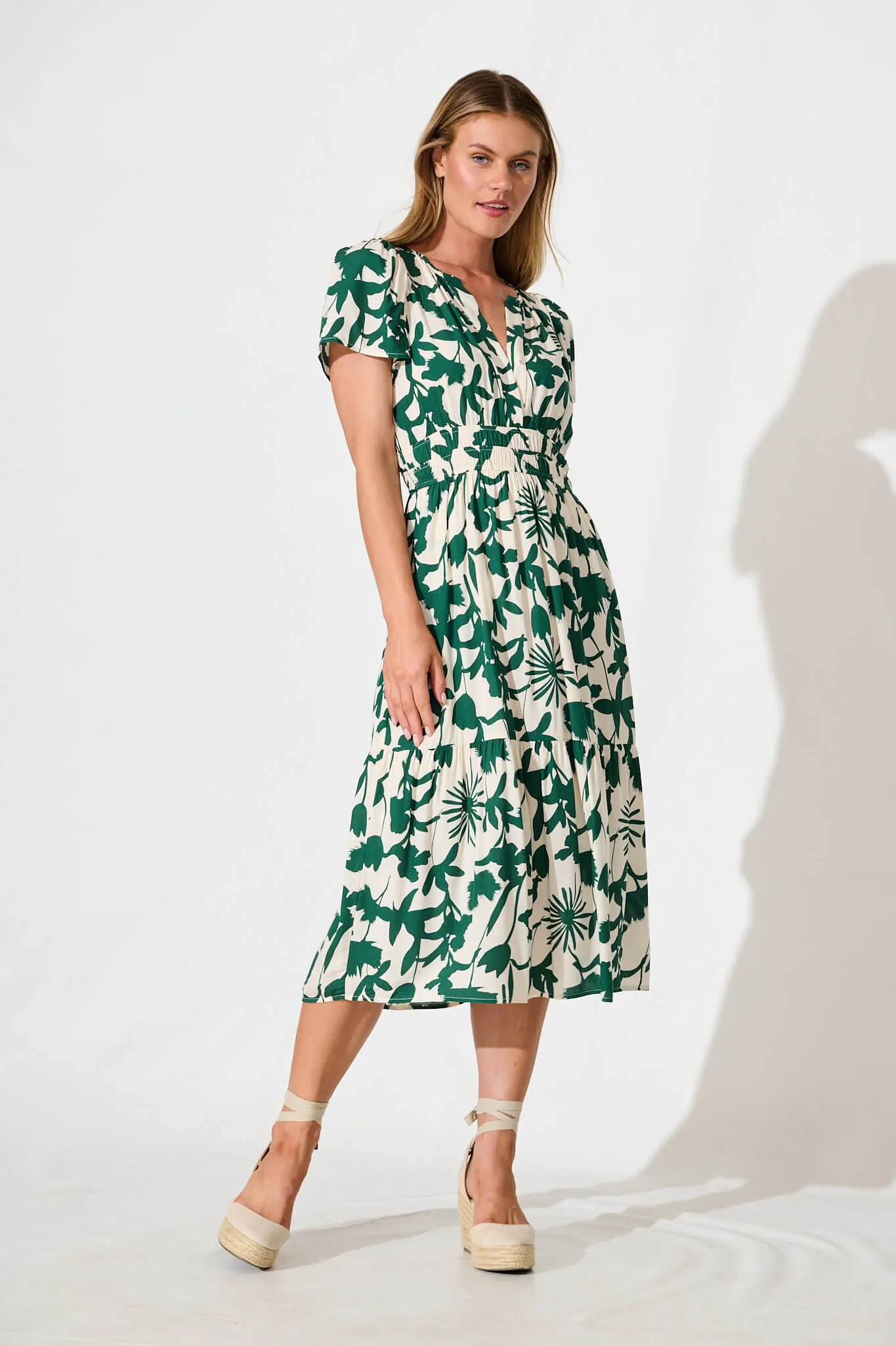 Pinarello Midi Dress in Cream with Emerald Print sold by St Frock