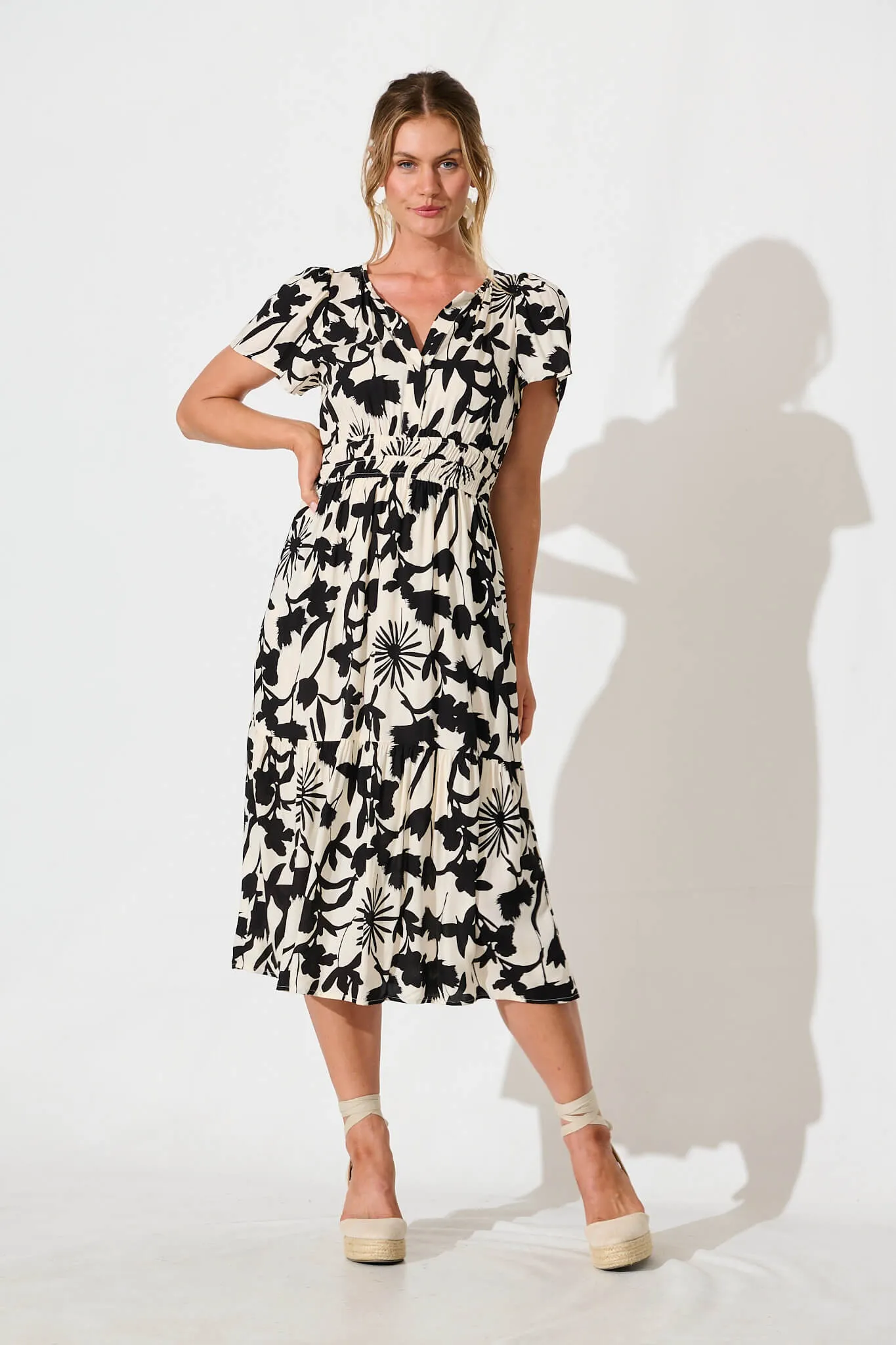 Pinarello Midi Dress in Cream with Black Print sold by St Frock