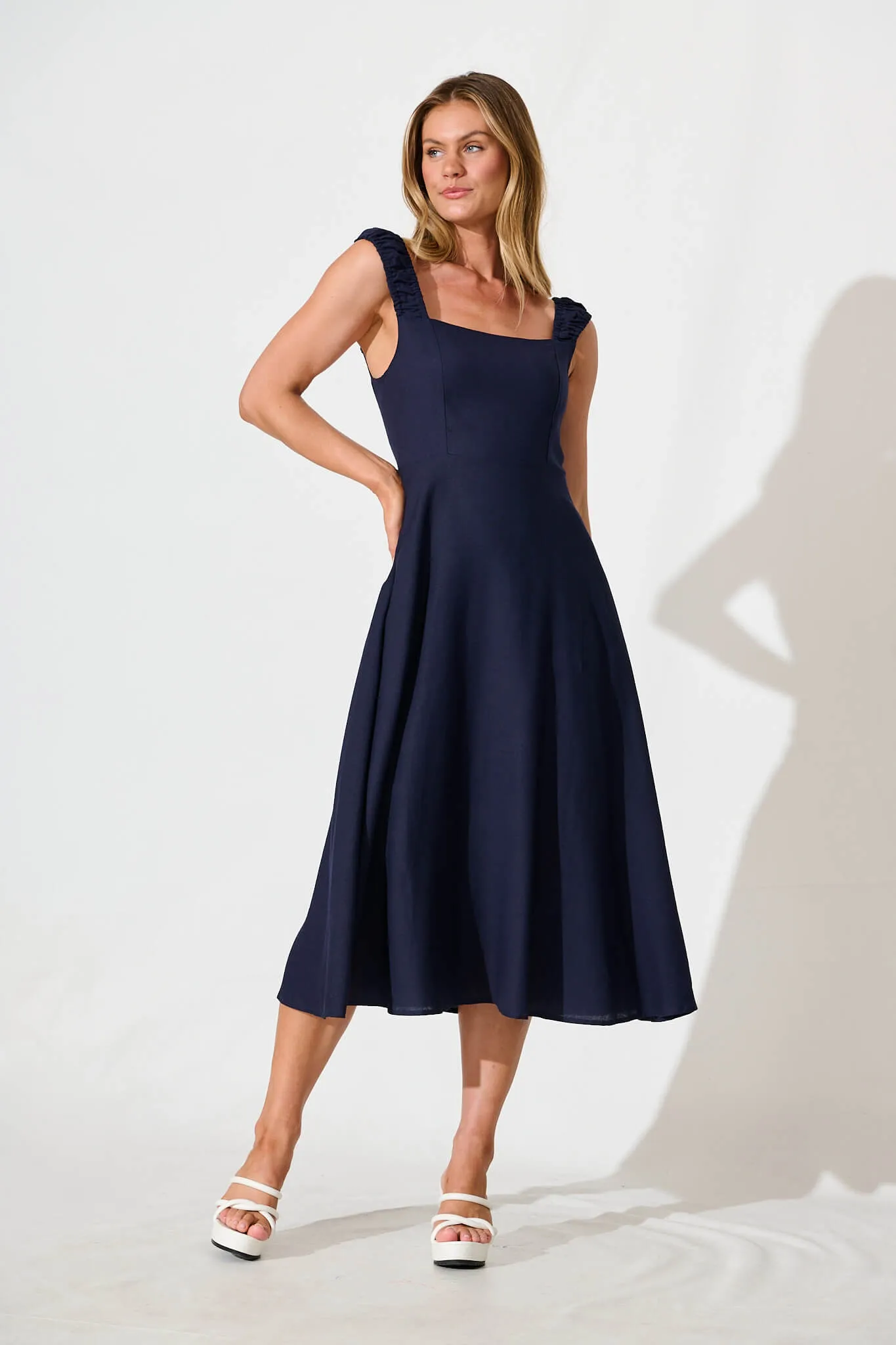 Nikolena Midi Dress in Navy Cotton Linen sold by St Frock