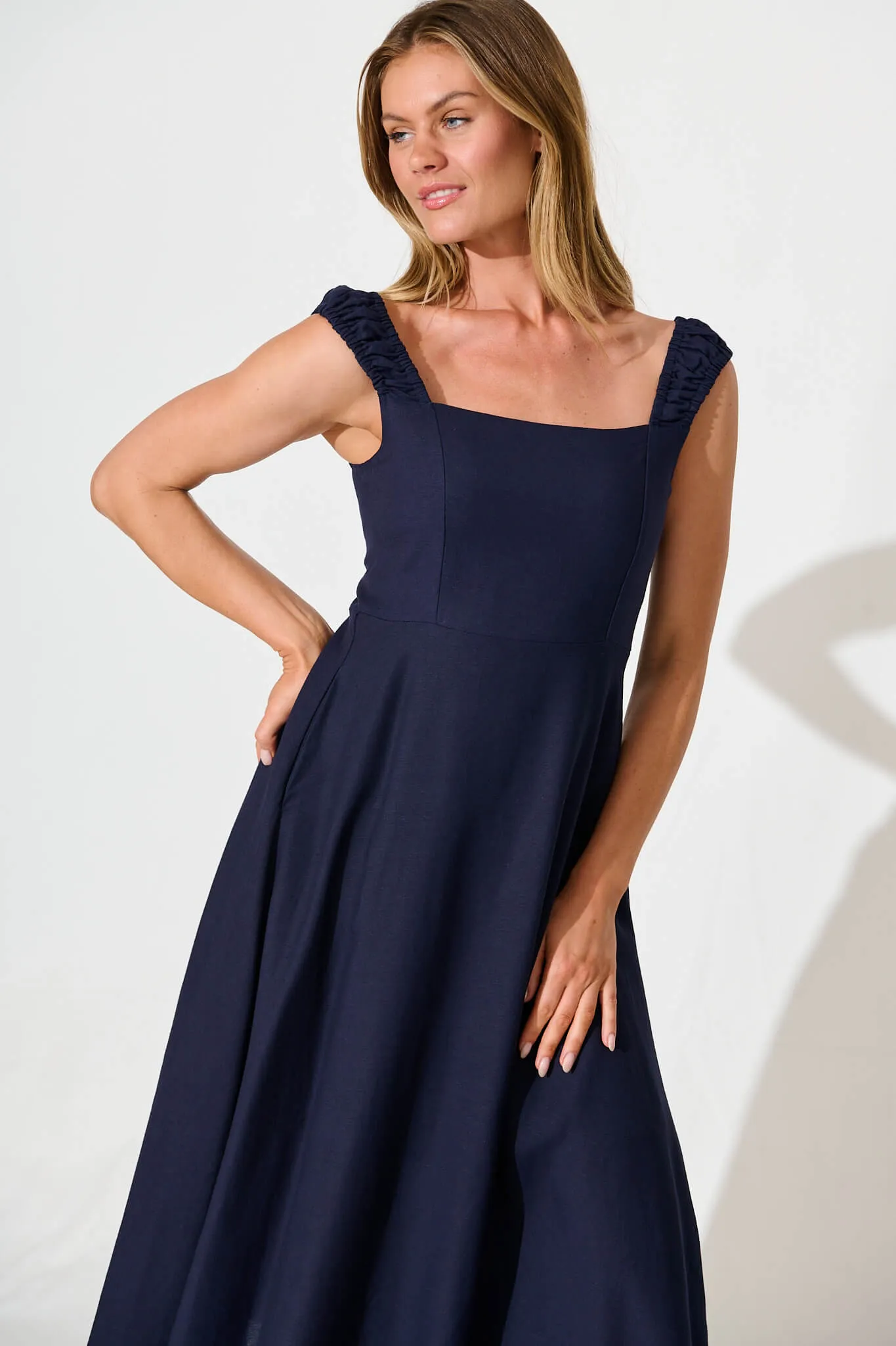 Nikolena Midi Dress in Navy Cotton Linen sold by St Frock product image thumbnail 2