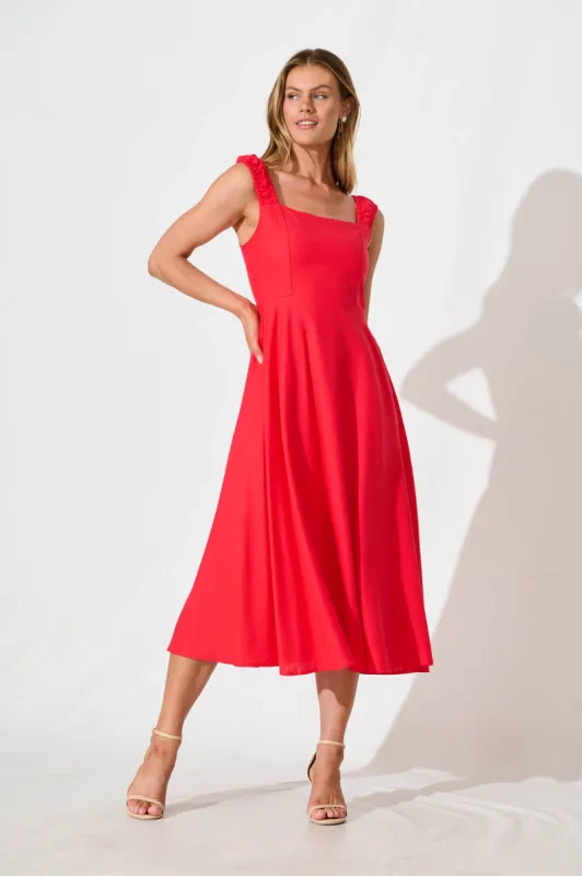 Nikolena Midi Dress in Red Cotton Linen sold by St Frock