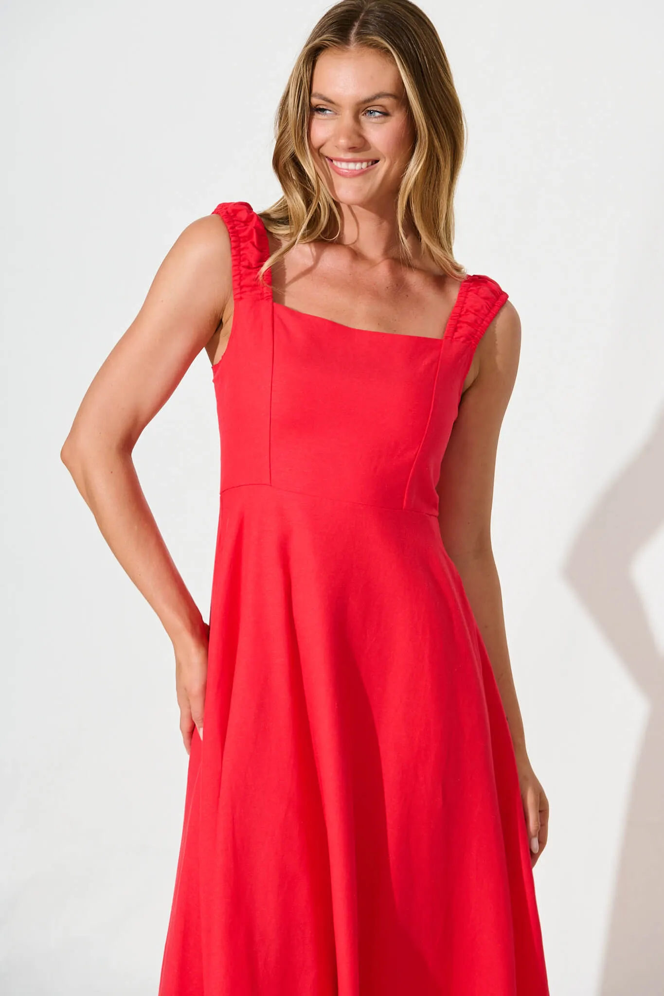 Nikolena Midi Dress in Red Cotton Linen sold by St Frock product image thumbnail 2
