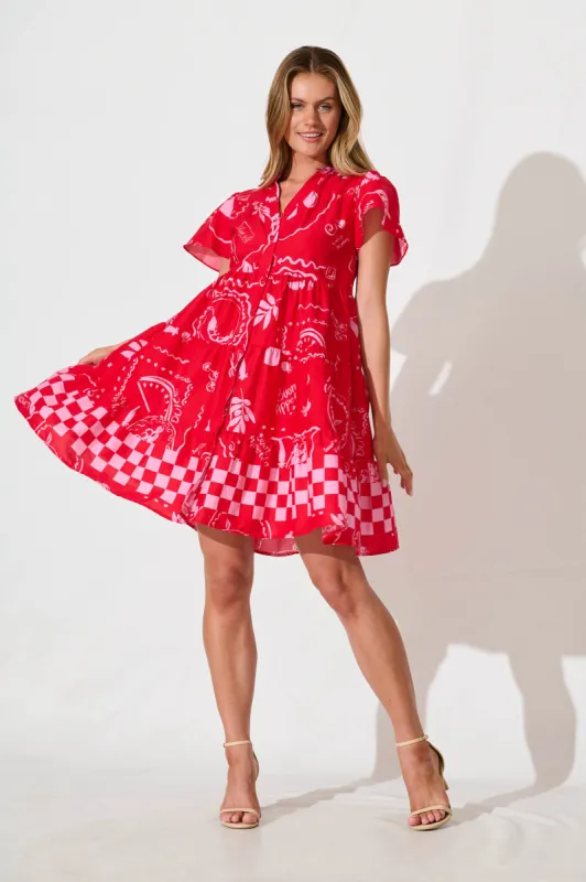 Saldana Smock in Red with Pink Border Print Cotton sold by St Frock