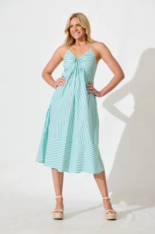 Miramar Midi Dress in Green and White Stripe Cotton sold by St Frock