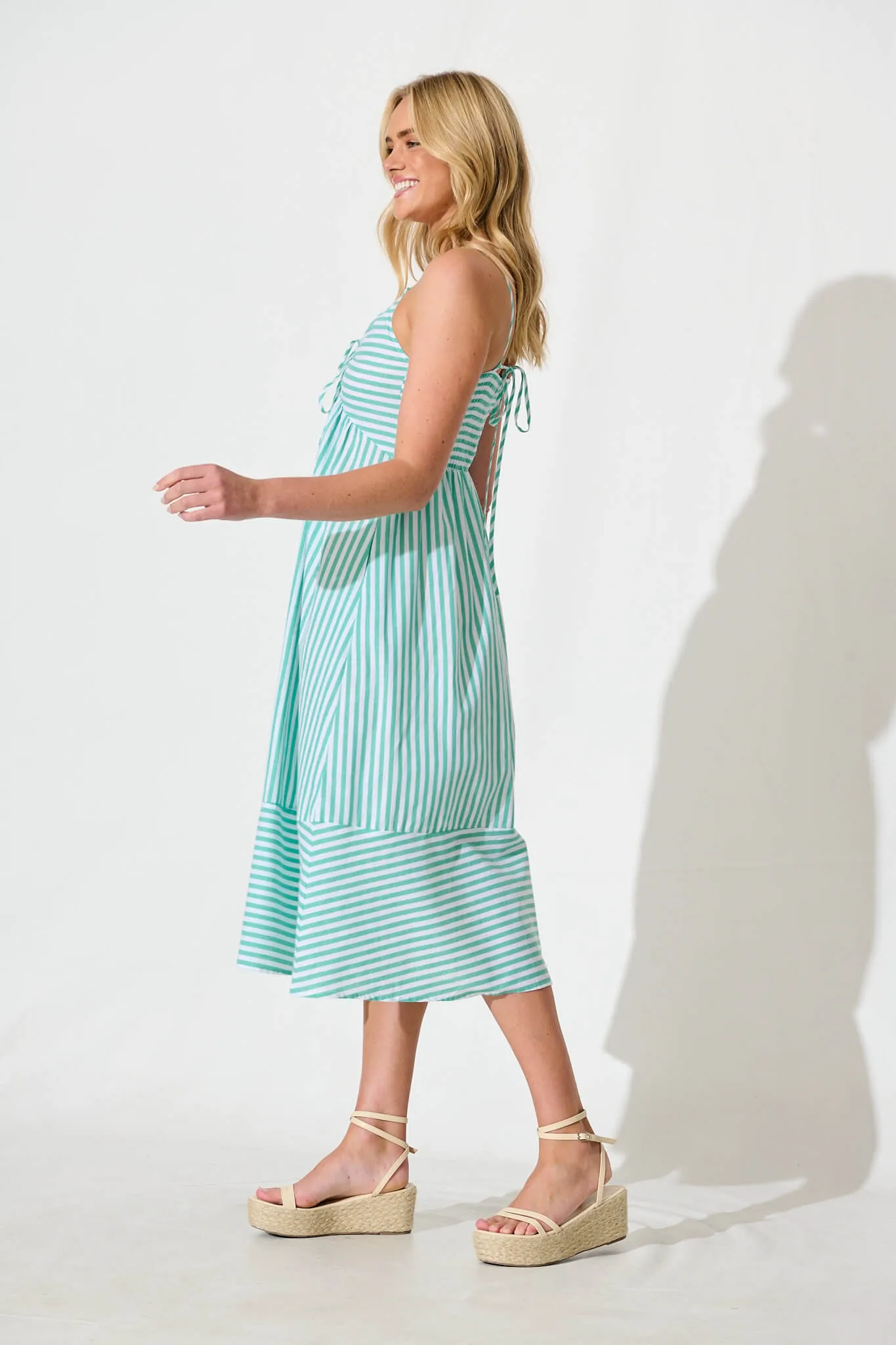 Miramar Midi Dress in Green and White Stripe Cotton sold by St Frock product image thumbnail 3