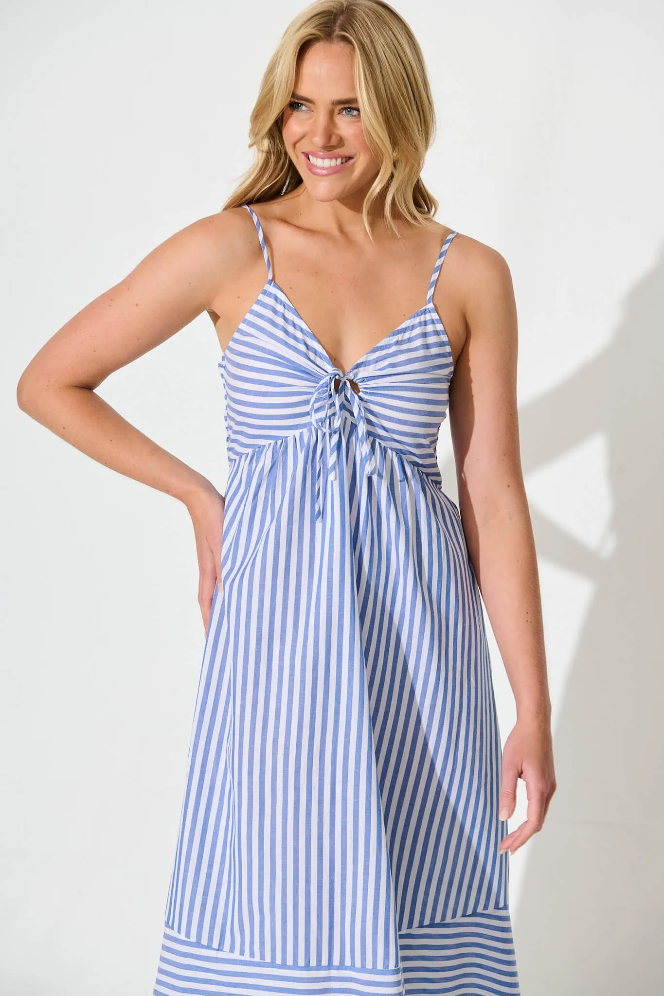 Miramar Midi Dress in Blue and White Stripe Cotton sold by St Frock product image thumbnail 2