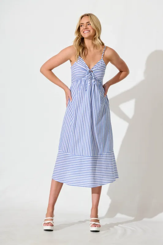 Miramar Midi Dress in Blue and White Stripe Cotton sold by St Frock