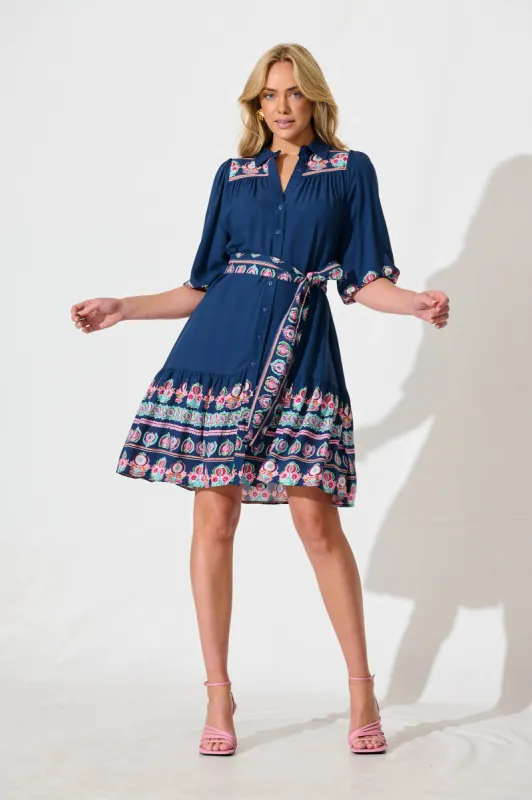 Lanchester Dress in Blue with Pink Floral Border Print sold by St Frock